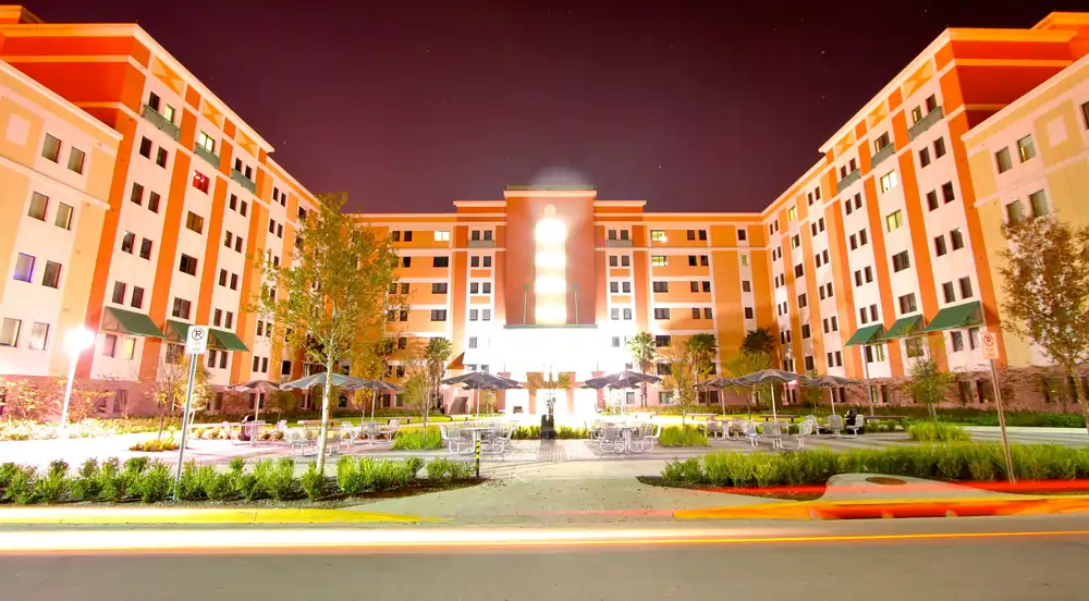 Night scene of the exterior of UCF Tower