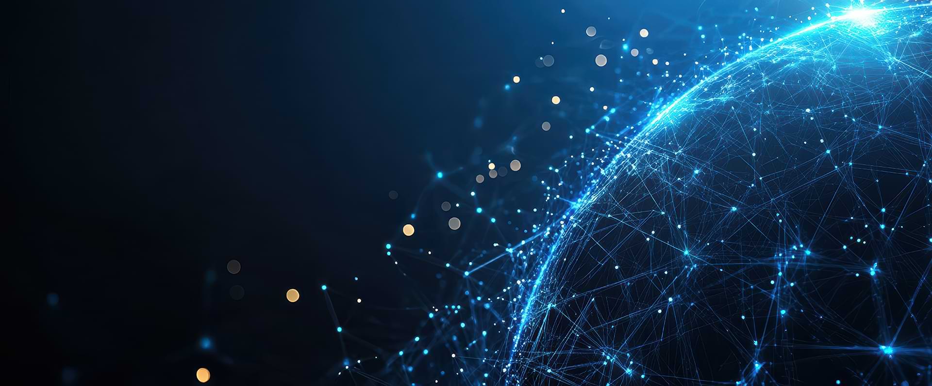 Abstract digital illustration of a glowing global network with interconnected nodes and data lines.