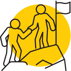 Icon of two individual climbing a mountain, with the one further up offering a helping hand to the one below. This represents Senior Leadership