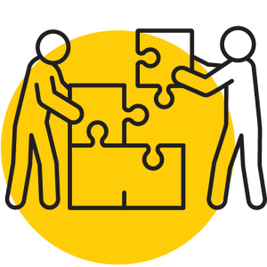 Icon of two people stacking puzzle pieces to make a tall structure, representing Employee Value